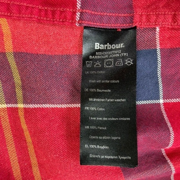 Barbour John Tailored Fit Plaid Button Down Flannel Shirt Men Large Red Navy - Picture 9 of 16